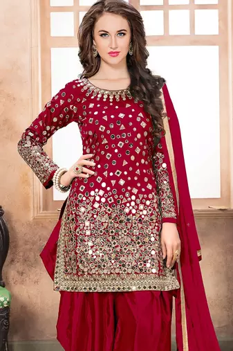 Red taffeta mirror work semi stitched size up to 42 salwar suits