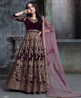 Wine velvet zari work semi stitched size up to 42 salwar suits 1