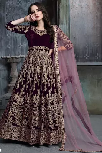 Wine velvet zari work semi stitched size up to 42 salwar suits