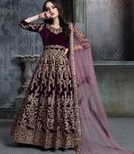 Wine velvet zari work semi stitched size up to 42 salwar suits