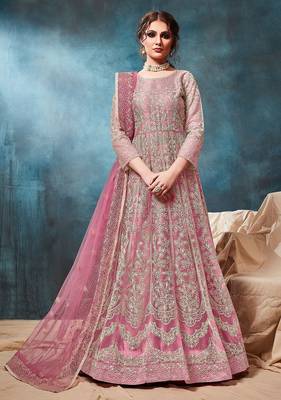 Pink net zari work semi stitched size up to 42 salwar suits 1