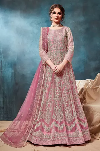 Pink net zari work semi stitched size up to 42 salwar suits