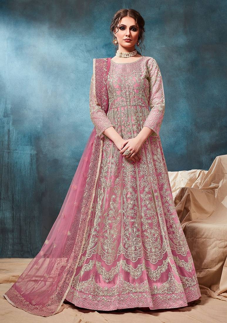 Pink net zari work semi stitched size up to 42 salwar suits