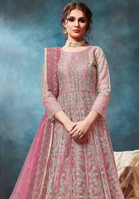 Pink net zari work semi stitched size up to 42 salwar suits 2
