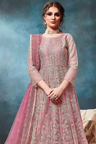 Pink net zari work semi stitched size up to 42 salwar suits