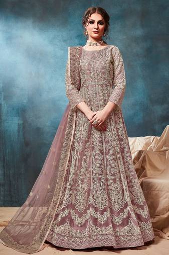 Mauve net sequins work semi stitched size up to 42 salwar suits