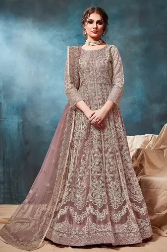 Mauve net sequins work semi stitched size up to 42 salwar suits