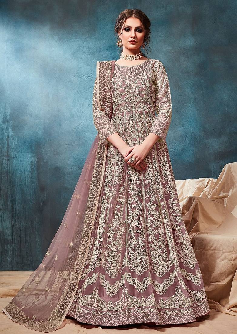 Mauve net sequins work semi stitched size up to 42 salwar suits