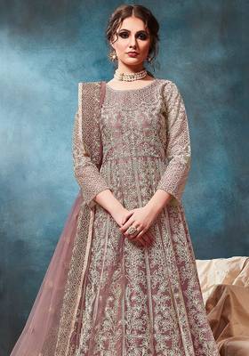 Mauve net sequins work semi stitched size up to 42 salwar suits 2