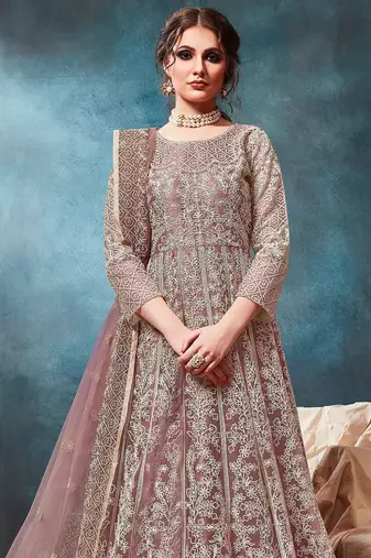Mauve net sequins work semi stitched size up to 42 salwar suits
