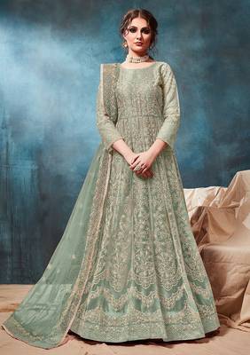 Green net zari work semi stitched size up to 42 salwar suits 1