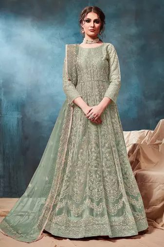 Green net zari work semi stitched size up to 42 salwar suits