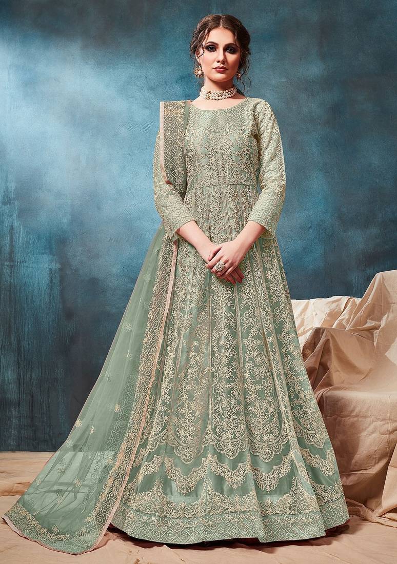 Green net zari work semi stitched size up to 42 salwar suits
