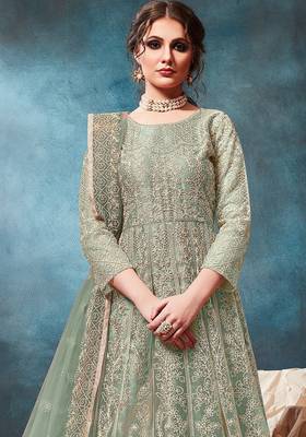 Green net zari work semi stitched size up to 42 salwar suits 2