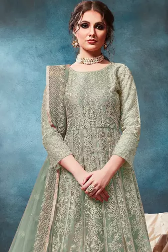 Green net zari work semi stitched size up to 42 salwar suits