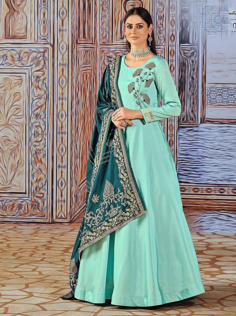 Blue art silk sequins work anarkali salwar kameez