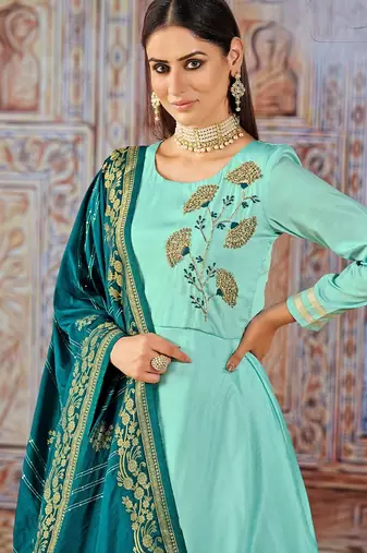 Blue art silk sequins work anarkali salwar kameez