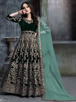Green velvet zari work semi stitched size up to 42 salwar suits 1