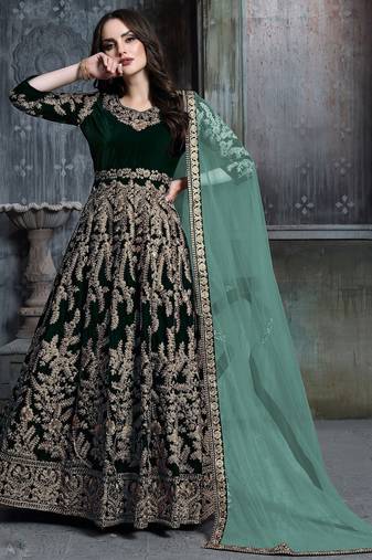 Green velvet zari work semi stitched size up to 42 salwar suits