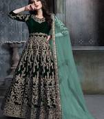 Green velvet zari work semi stitched size up to 42 salwar suits