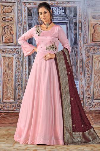 Pink art silk sequins work anarkali salwar kameez