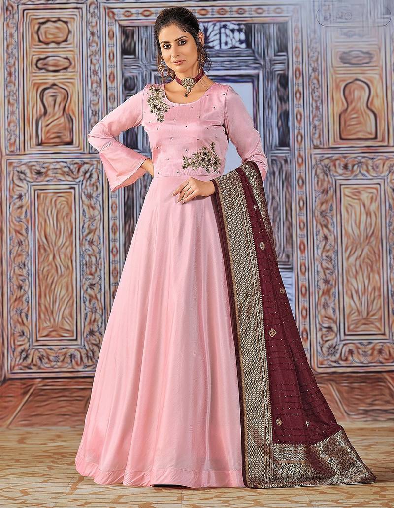 Pink art silk sequins work anarkali salwar kameez
