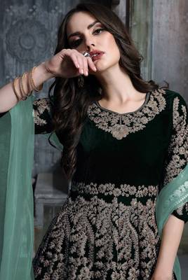 Green velvet zari work semi stitched size up to 42 salwar suits 2