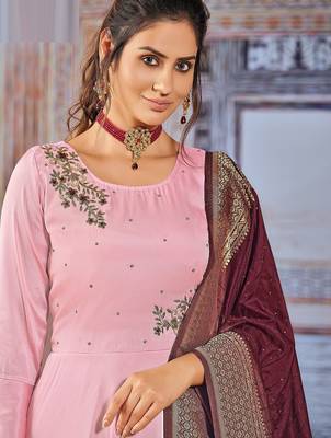 Pink art silk sequins work anarkali salwar kameez 2