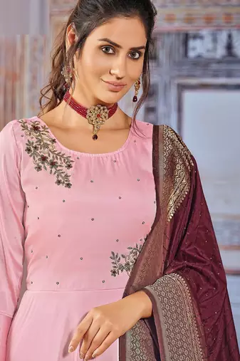 Pink art silk sequins work anarkali salwar kameez