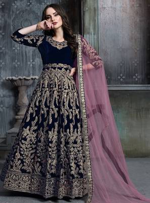 Blue velvet zari work semi stitched size up to 42 salwar suits 1