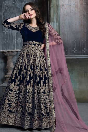 Blue velvet zari work semi stitched size up to 42 salwar suits