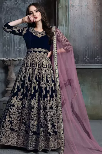 Blue velvet zari work semi stitched size up to 42 salwar suits