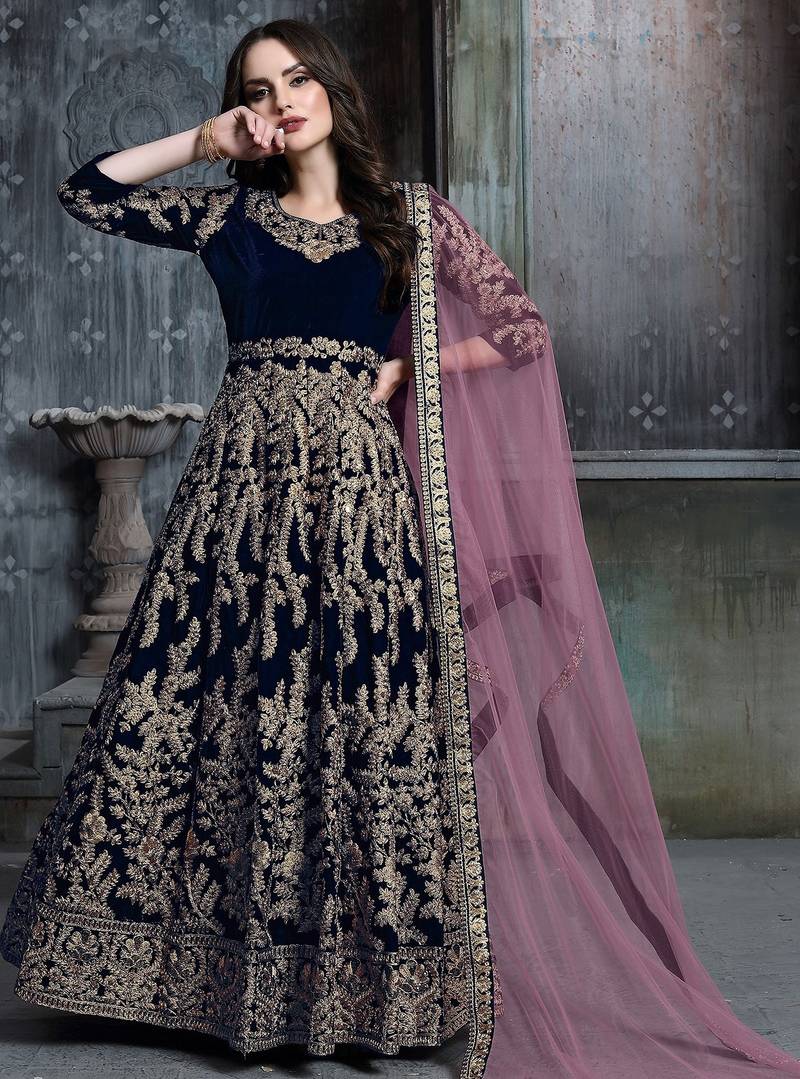 Blue velvet zari work semi stitched size up to 42 salwar suits