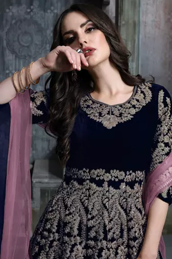 Blue velvet zari work semi stitched size up to 42 salwar suits