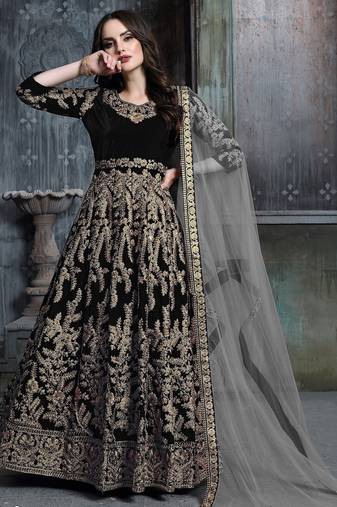 Black  velvet zari work semi stitched size up to 42 salwar suits