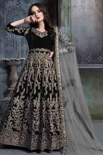 Black  velvet zari work semi stitched size up to 42 salwar suits