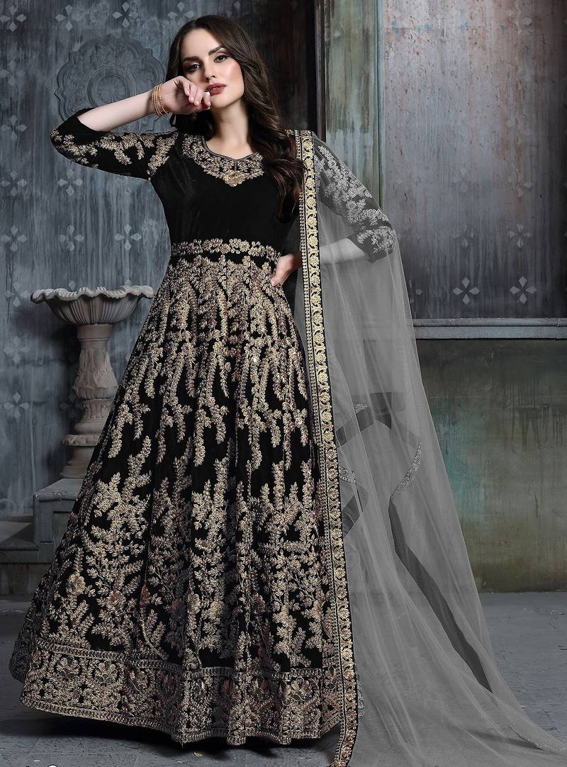 Black  velvet zari work semi stitched size up to 42 salwar suits