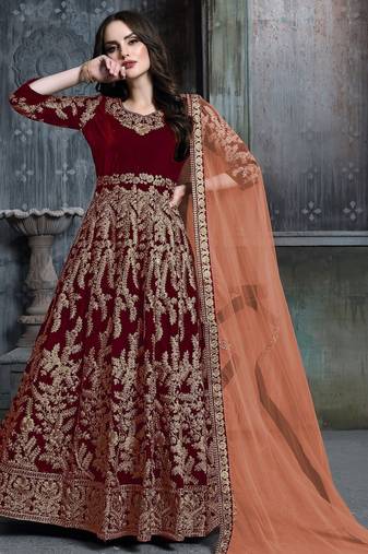 Maroon velvet zari work semi stitched size up to 42 salwar suits