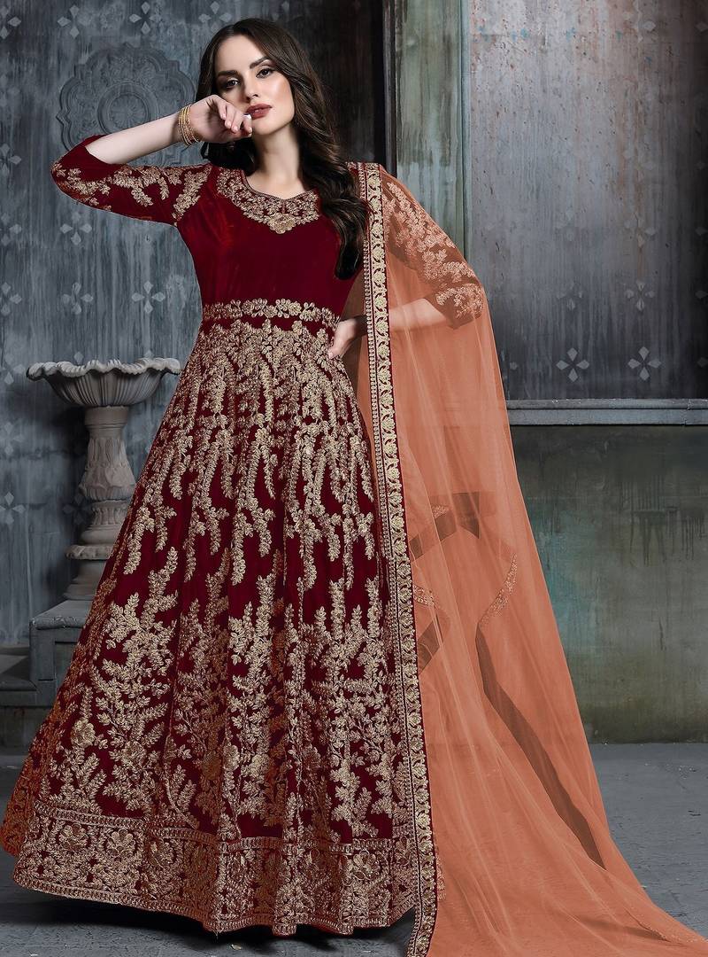 Maroon velvet zari work semi stitched size up to 42 salwar suits