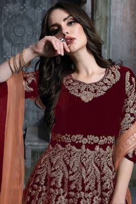 Maroon velvet zari work semi stitched size up to 42 salwar suits 2