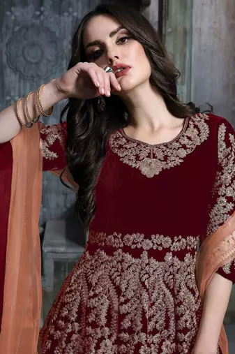 Maroon velvet zari work semi stitched size up to 42 salwar suits