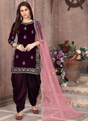 Wine velvet zari work semi stitched size up to 42 salwar suits 1