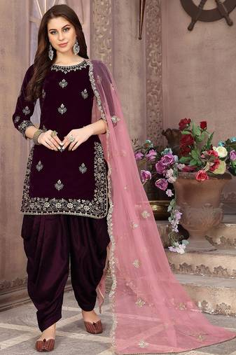 Wine velvet zari work semi stitched size up to 42 salwar suits