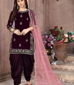 Wine velvet zari work semi stitched size up to 42 salwar suits