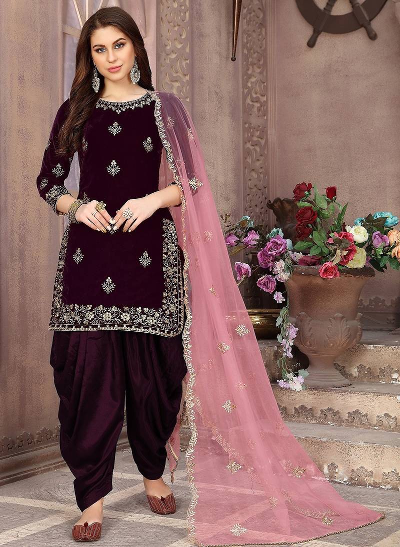 Wine velvet zari work semi stitched size up to 42 salwar suits