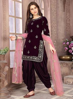 Wine velvet zari work semi stitched size up to 42 salwar suits 2