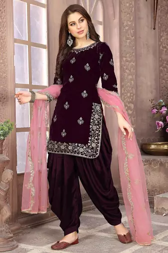 Wine velvet zari work semi stitched size up to 42 salwar suits