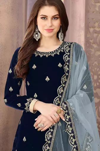 Dark green velvet zari work semi stitched size up to 42 salwar suits