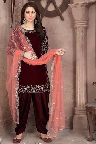 Maroon velvet zari work semi stitched size up to 42 salwar suits