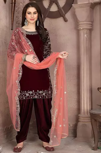 Maroon velvet zari work semi stitched size up to 42 salwar suits